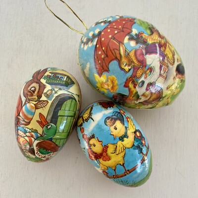 3 Eggs Paper Mache Easter Candy Flower Chicks Rabbit Duck West Germany Vtg READ