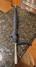 VINTAGE BLACK UMBRELLA PARASOL METAL SILVER STRAIGHT ORNATE HANDLE 35" ACROSS