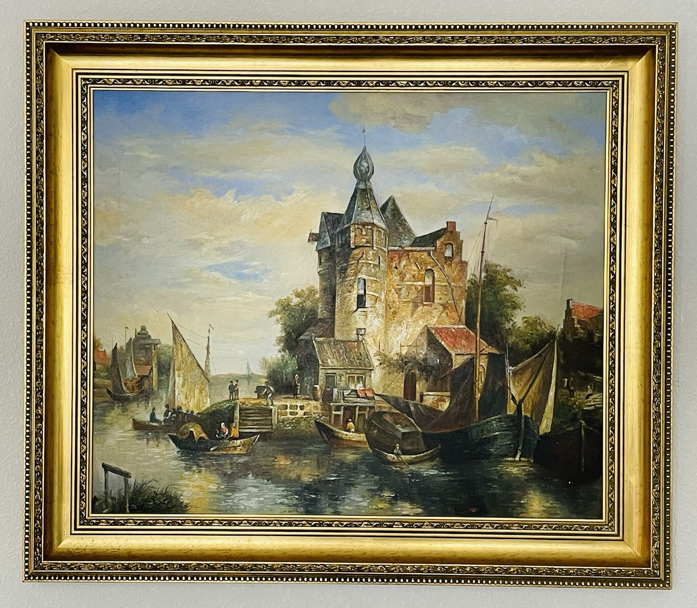 ÖLGEMÄLDE AUF LEINWAND FESTGEMACHTE KÄHNE AN EINEM KAI IN DER NÄHE EINES FRIEDS VON W. SHAW 59X49 CM