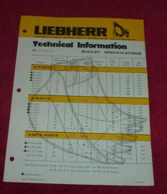 Vintage Liebherr Technical Information Bucket Specifications 1975