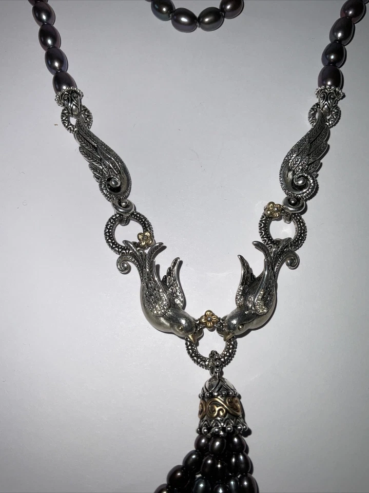 Collar Barbara Bixby Plata de Ley 18K Golondrinas Gorriones Pájaros Perla Negra Foto 2 de 4