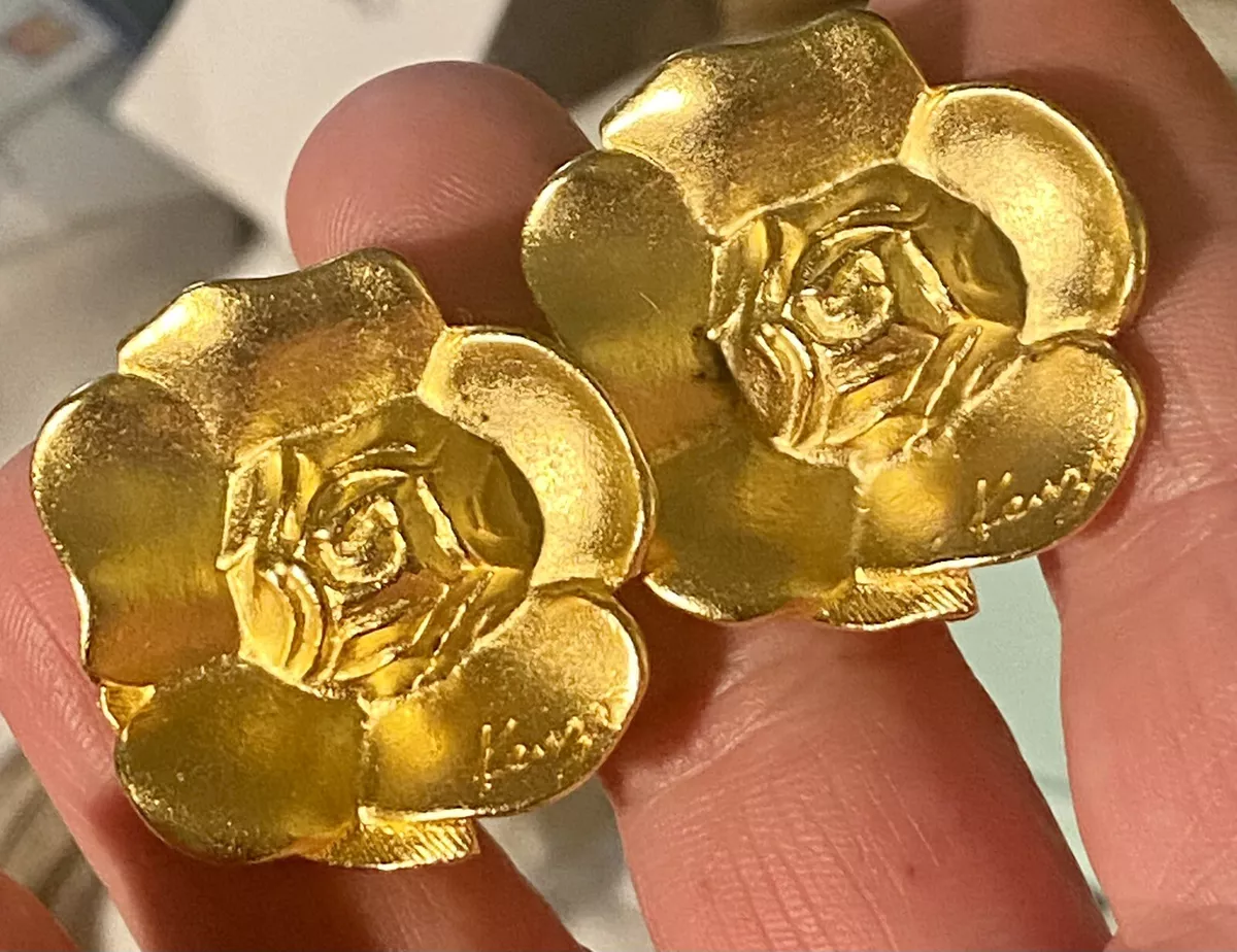 Vintage French Designer Clip on Earrings KENZO Signed Flower