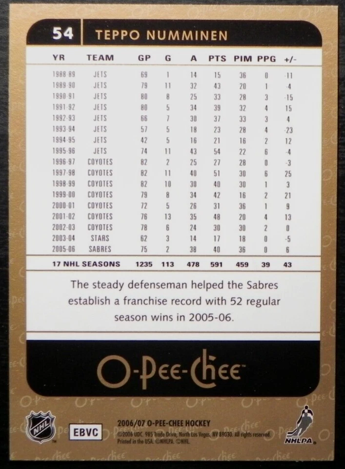 2006-07 06/07 O-Pee-Chee #54 Teppo Numminen Buffalo Sabres - Image 2 of 2