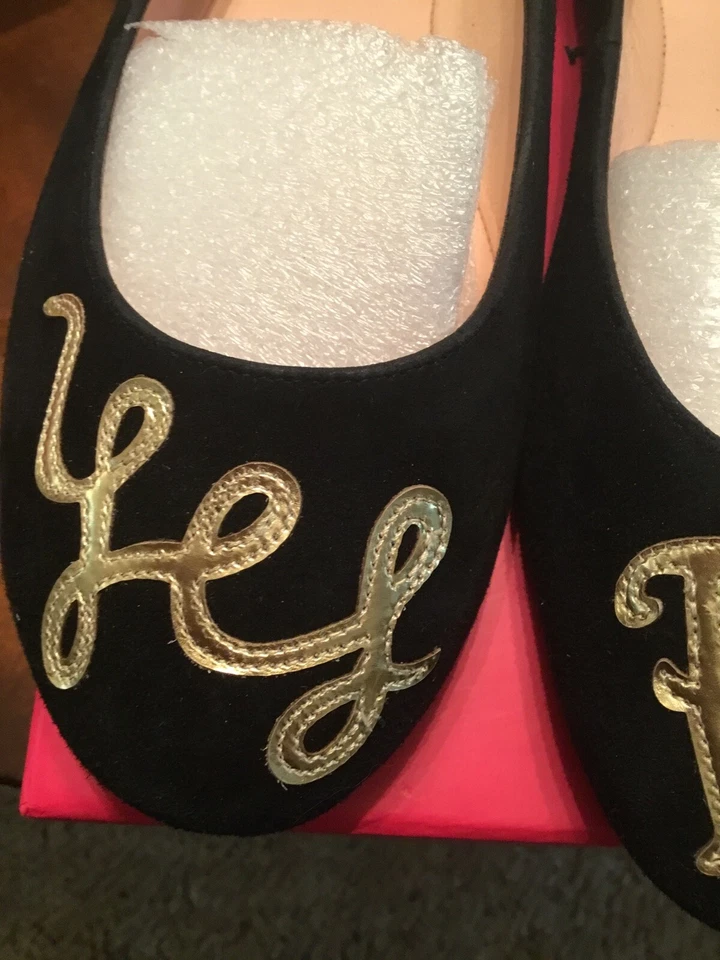 Kate Spade New York Elektra Cool Cat Ballet Plano Gamuza Negro Zapatos Dorado Talla 9 Foto 3 de 4