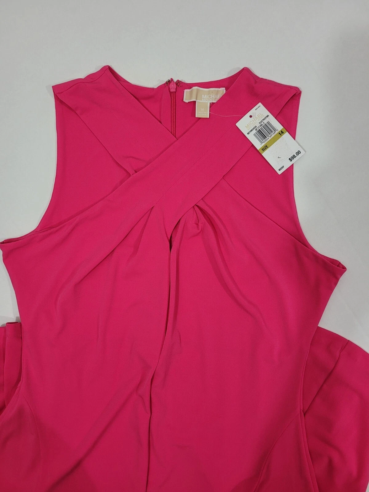 MICHAEL KORS Tg 14 Mini Abito Donna Halter Scollo Incrociato Rosa Elettrico Nuovo con etichette $98