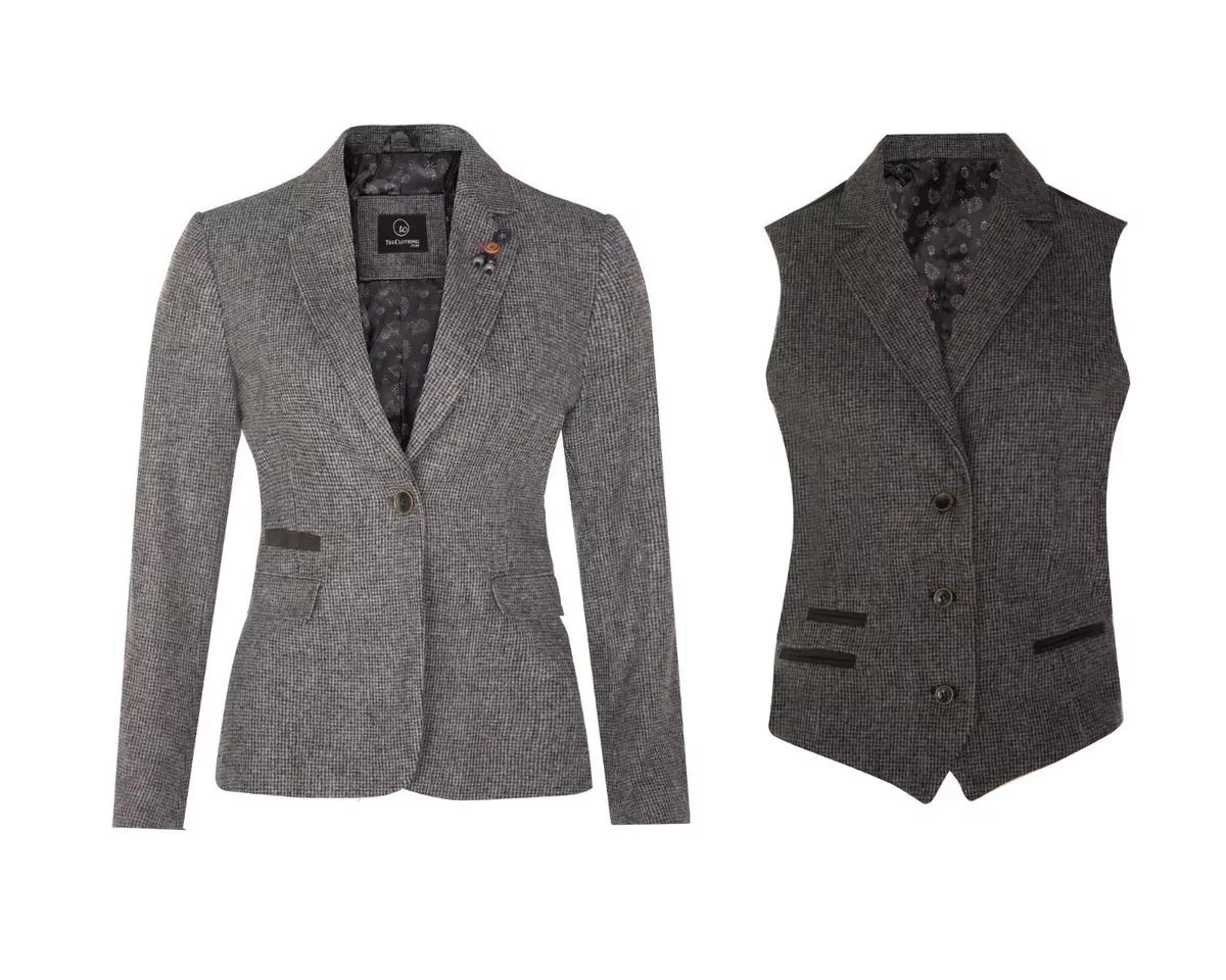 Womens Tweed Herringbone Blazer Jacket Waistcoat Grey 1920s Vintage Tailored
