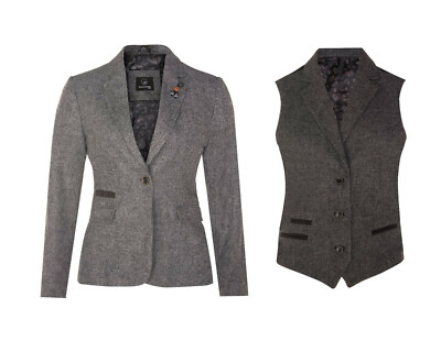 Womens Tweed Herringbone Blazer Jacket Waistcoat Grey 1920s Vintage  Tailored