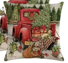 RED CAR PUPPIES HOLIDAY CHRISTMAS Throw Pillow Cover 18x18 Winter Holiday Decor
