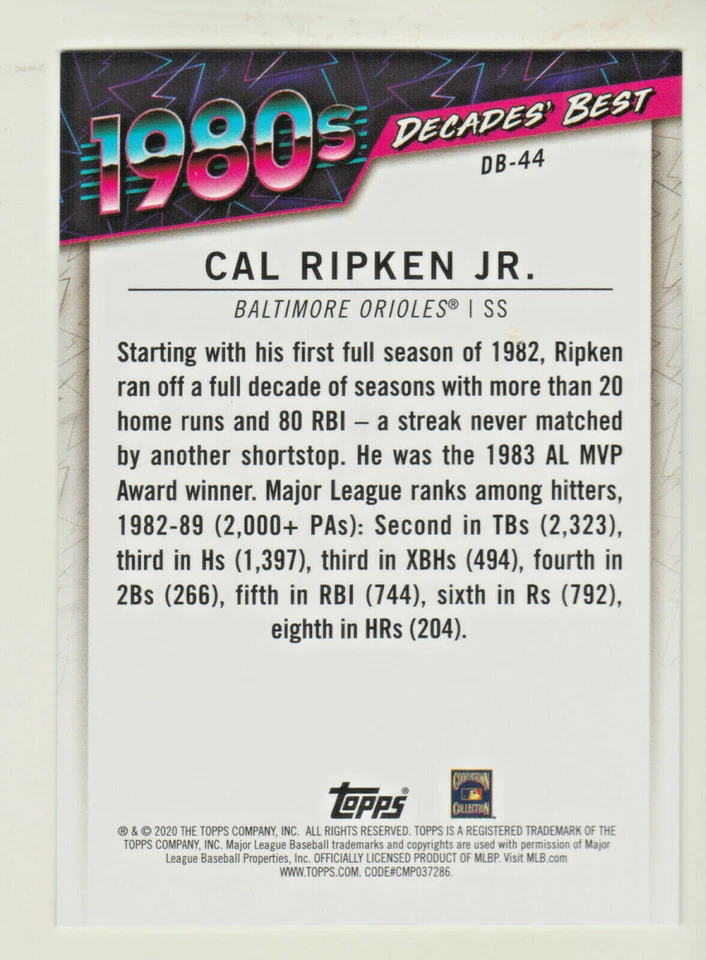 2020 Topps DECADE'S BEST 1980'S GREEN BORDER BLUE SP #DB=44 CAL RIPKEN JR RETAIL - Image 2 of 2