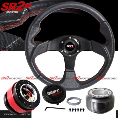 Drift Sport Black Steering Wheel Red Stitch + Hub + Quick Release for 240SX S13
