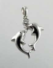 Sterling Silver Natural Melee Diamond Two Dolphin Pendant 925 2.4g 1 Inches