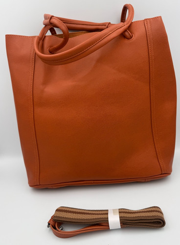 New Cognac Vegan Leather Tote Bag Shoulder Purse with Striped Crossbody Strap Lg