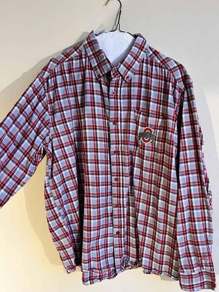 Ohio State Franela Cuadros Bolsillo Logo Camiseta Auténtica Gris Escarlata Grande Foto 2 de 4