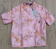 $850 Mens PALM ANGELS Palm Print Silk Button Up Shirt Pink/Gold 48 US 38
