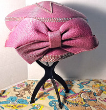 Makins New York Pink Church/Dress Hat Rhinestone Trim Bow, Dove on top One Size