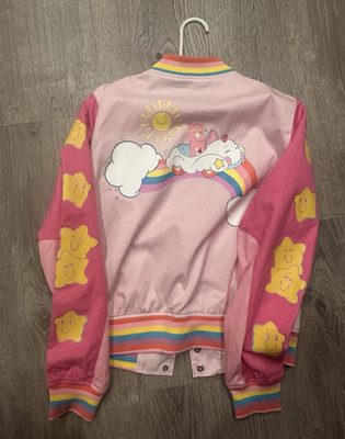 Hot Topic Care Bears Pink Satin Varsity Jacket Girls M Snap Closure Pockets