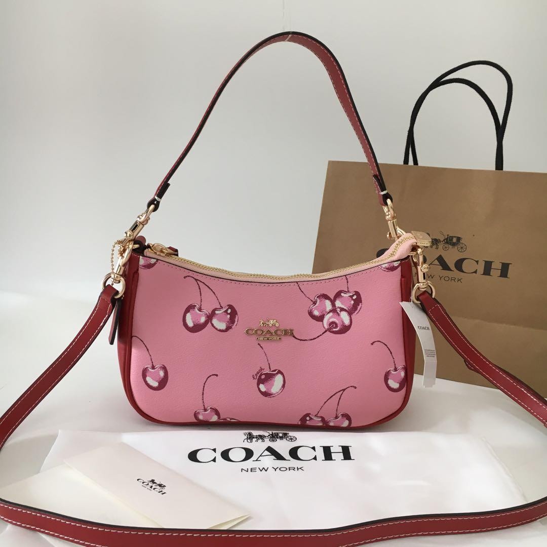 coachピンクレザーショルダーバッグ フリルデザイン Coach CR290 Teri Shoulder Bag Pink Cherry Print Coated Canvas