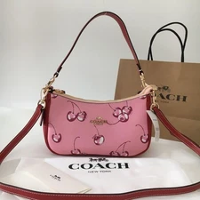 Coach CR290 Teri Shoulder Bag Pink Cherry Print Coated Canvas Leather Outlet