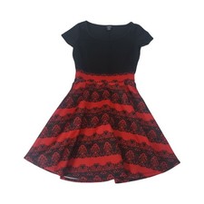 rue21 Womens Red Black Lace Print Fit and Flare Short Sleeve Goth Dress Small