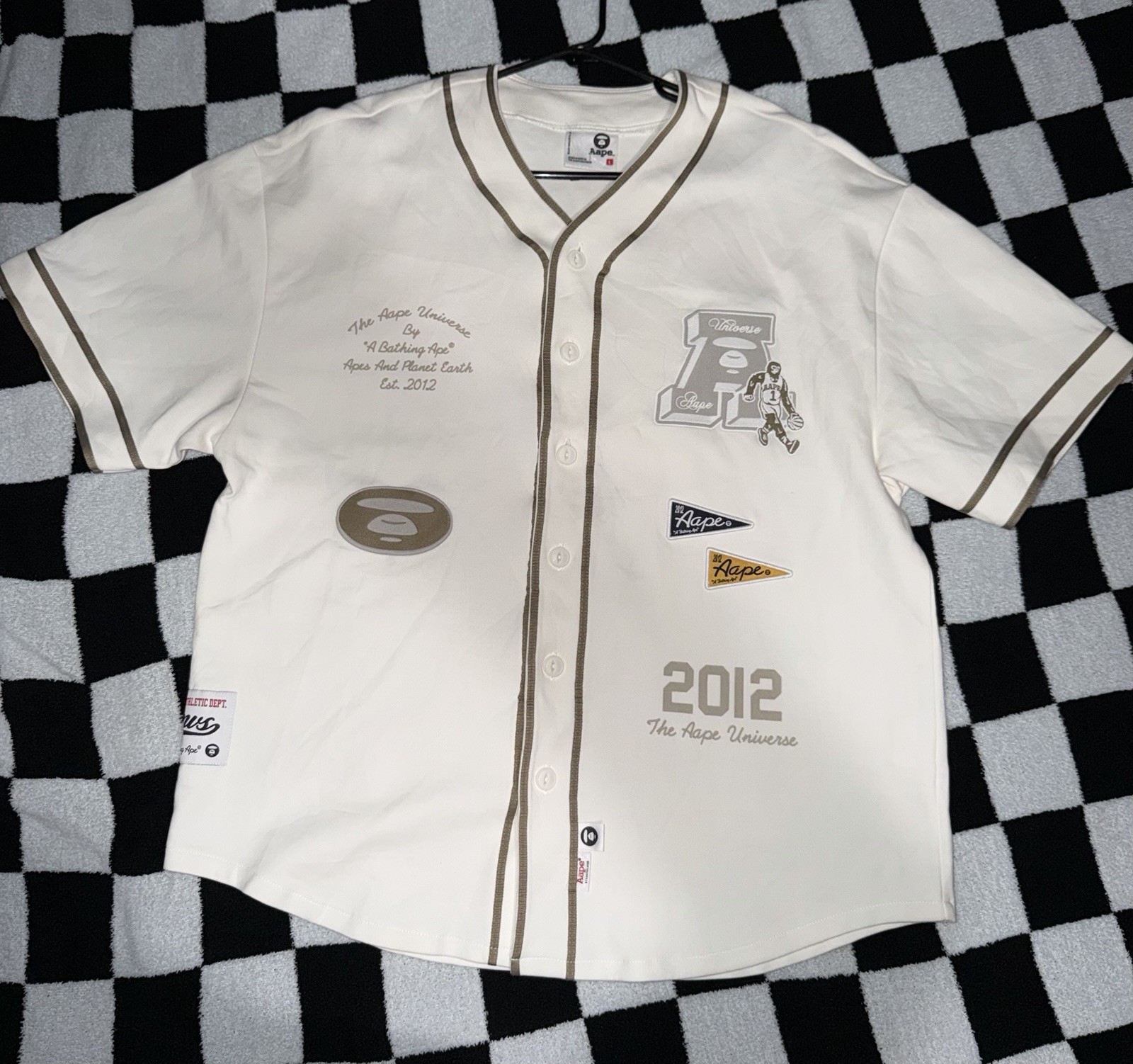 Aape by A Bathing Ape College Baseball Shirt Ivory Cotton Short Sleeve L Patch