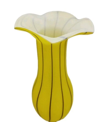 VTG Italian Murano Satin Vase MCM Art Glass Ruffled Yellow W/Dark Stripes 12”