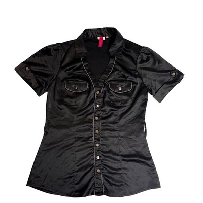 Heart Soul Women L Black & Silver Satin Utility Button Up Short Sleeve Shirt Y2K