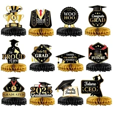 , Black and Gold Graduation Centerpieces 2025 - Pack of 12 | Congrats Grad Ho...