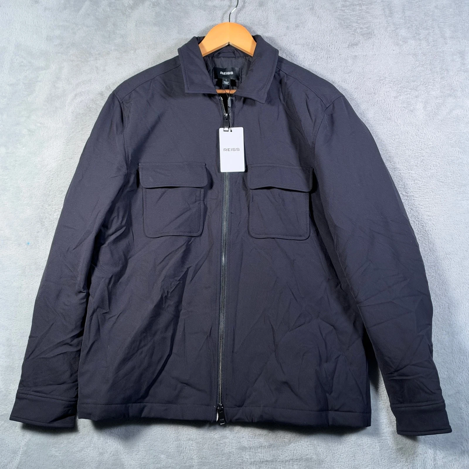 Reiss Jacket Mens L Navy Oshei Wadded Quilted Lined Full Zip Stretch $285 image 1