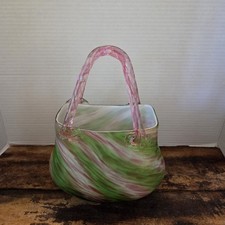 Vintage Handblown Art Glass DecorPurse, Pink,green And White ,rope Design Straps