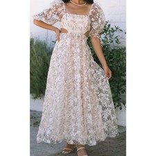 Storia Floral Organza Maxi Dress Puff Sleeve Cutout Waist Small NWT Cottagecore