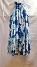 ELIZA J High-Neck Floral Chiffon Sleeveless Dress Sz 6 Blue Multi Trapeze Mini