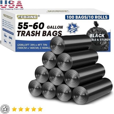 Heavy Duty Trash Bags 55-60 Gal Black Garbage Bags 100 Count Waterproof Liners