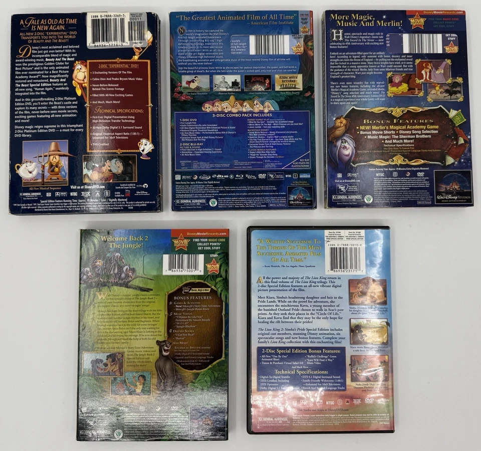 Disney DVD Blu-ray Lot Snow White Jungle Book 2 Lion King 2 Beauty Beast Sword - Image 2 of 4