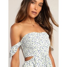 Lulu's White Midi Dress with Blue Floral Print