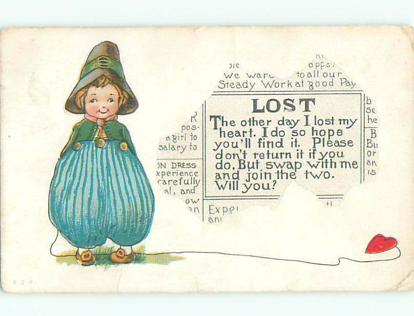 Valentine Boy with Heart on String Linen Postcard 60k Classified Ad J0778  