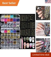 Charming Nail Art Essentials: 15 Gold Stickers with 6 Boxes of Dazzling Charms
