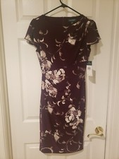 NWT $109 Ralph Lauren Floral Flutter Sleeve Ruched Jersey Dress Plum/Grey Size 2