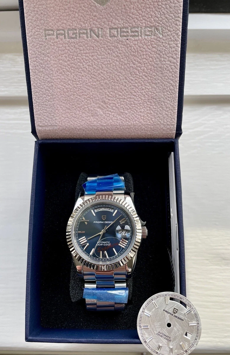Pagani Design PD 1752 S less Steel 36mm Day Date Watch Dark Blue White Dials