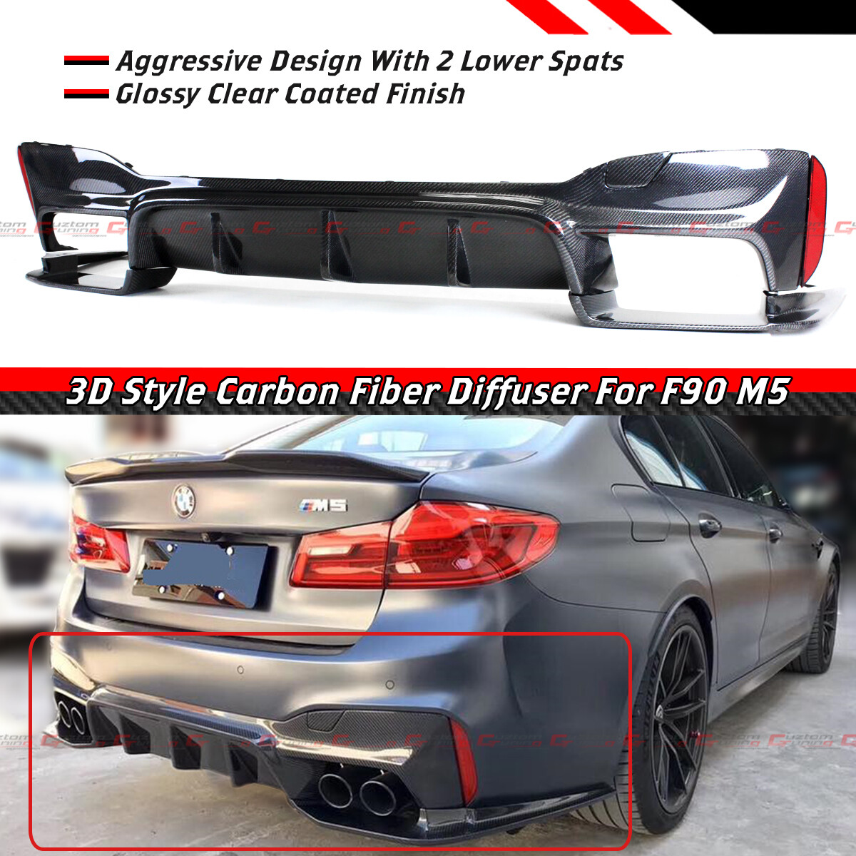 FOR 2018-23 BMW F90 M5 3D STYLE CARBON FIBER REAR BUMPER DIFFUSER LOWER ...
