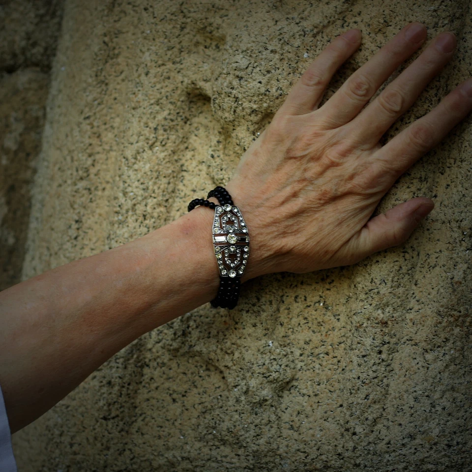 Armband Silber Kunst Deko Strass Rechteck Viele Reihen Perle Achat Schwarz QD30 - Bild 4 von 4