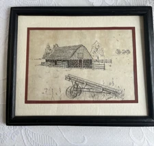 Stone Barn Wagon Wheel Lithography Signed Everson Rural 15x12 (8x11”) Vtg Art