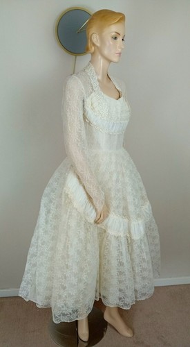 VESTIDO DE NOVIA FALDA COMPLETA VINTAGE AÑOS 50 MARFIL BLANCO ENCAJE BORDADO LONGITUD MEDIA 8 - Imagen 6 de 11