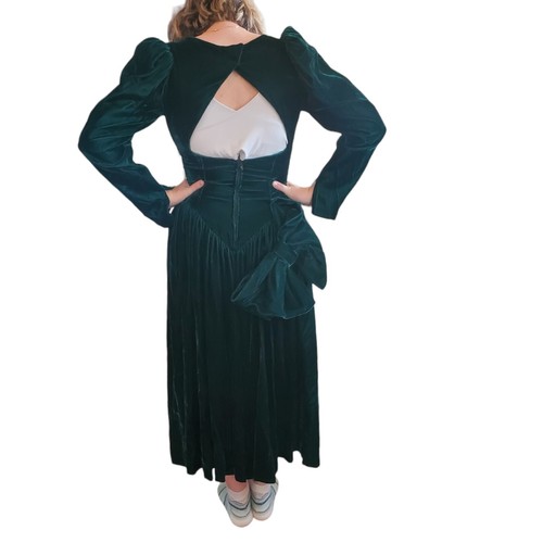 Green Velvet Long Midi Formal Dress Longsleeve Puff Sleeve Size 6 Big Bow VTG - Picture 7 of 12