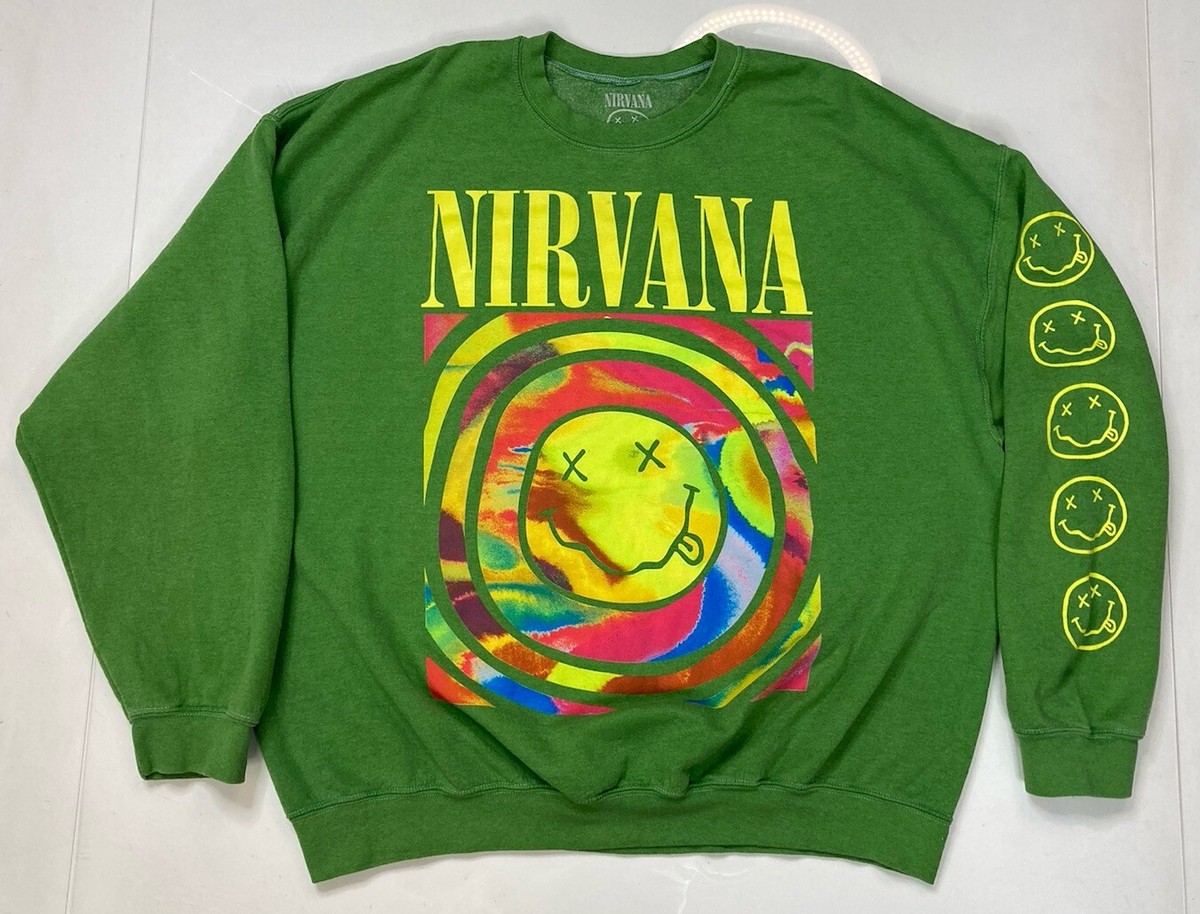 Nirvana Happy Face Crewneck Sweatshirt Men Medium Oversized Green Music |  eBay