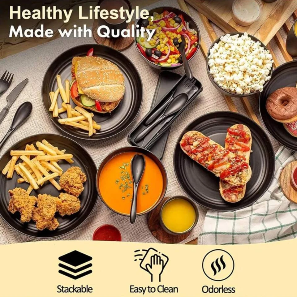 Juego de cubiertos de plástico negro y platos reutilizables, cuencos, tazas - 4/16/32 piezas para lote Foto 4 de 4