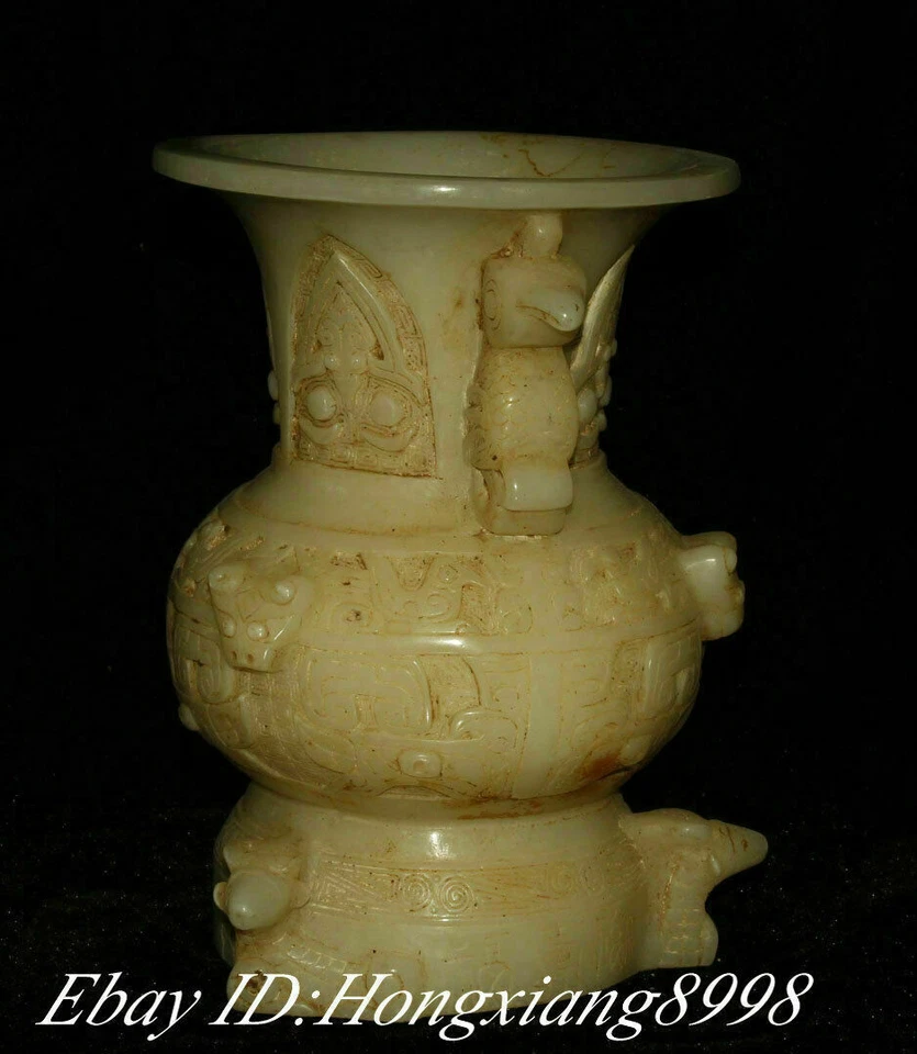 Old Jade Phoenix Phenix Lion Beast Sheep Zun Bottle Pot Vase Jar Jug Statue - Image 4 of 4