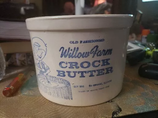 Vintage Old Fashioned Willow Farm CROCK BUTTER Stonewear LA Grange Illinois