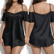 Top Donna Nero in Raso con Pizzo Canotta sexy Spalle Scoperte maglia Elegante