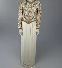 Oleg Cassini BlackTie Neiman Marcus Gown  S Sequin Beaded White  Dress