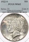 1922-S $1 PCGS MS62  Peace Silver Dollar Better Date Luster San Francisco